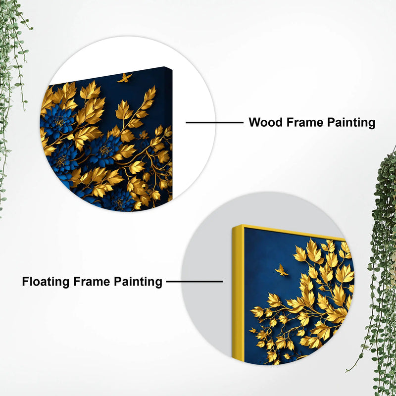 Royal Blue Blossom Tree with Golden Leaves 3D Canvas Wall Painting