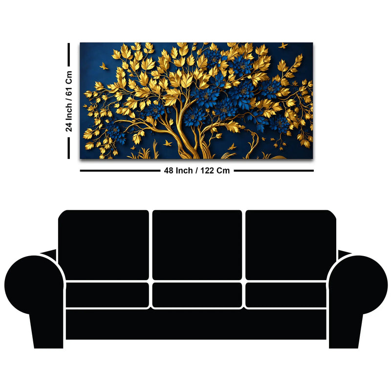 Royal Blue Blossom Tree with Golden Leaves 3D Canvas Wall Painting