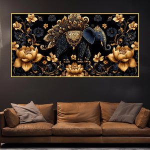 Royal Blue Elephant with Golden Lotus 3D Canvas Wall Painting