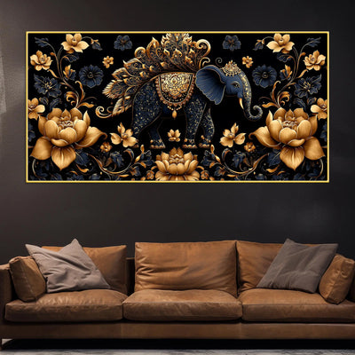 Royal Blue Elephant with Golden Lotus 3D Canvas Wall Painting