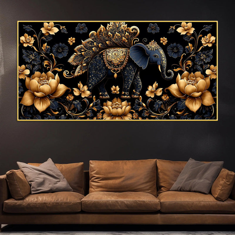 Royal Blue Elephant with Golden Lotus 3D Canvas Wall Painting