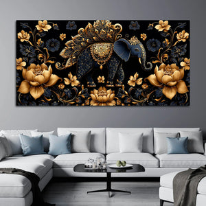 Royal Blue Elephant with Golden Lotus 3D Canvas Wall Painting