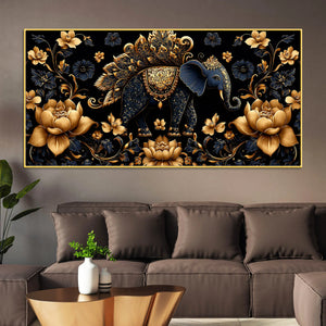 Royal Blue Elephant with Golden Lotus 3D Canvas Wall Painting
