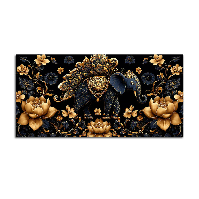 Royal Blue Elephant with Golden Lotus 3D Canvas Wall Painting