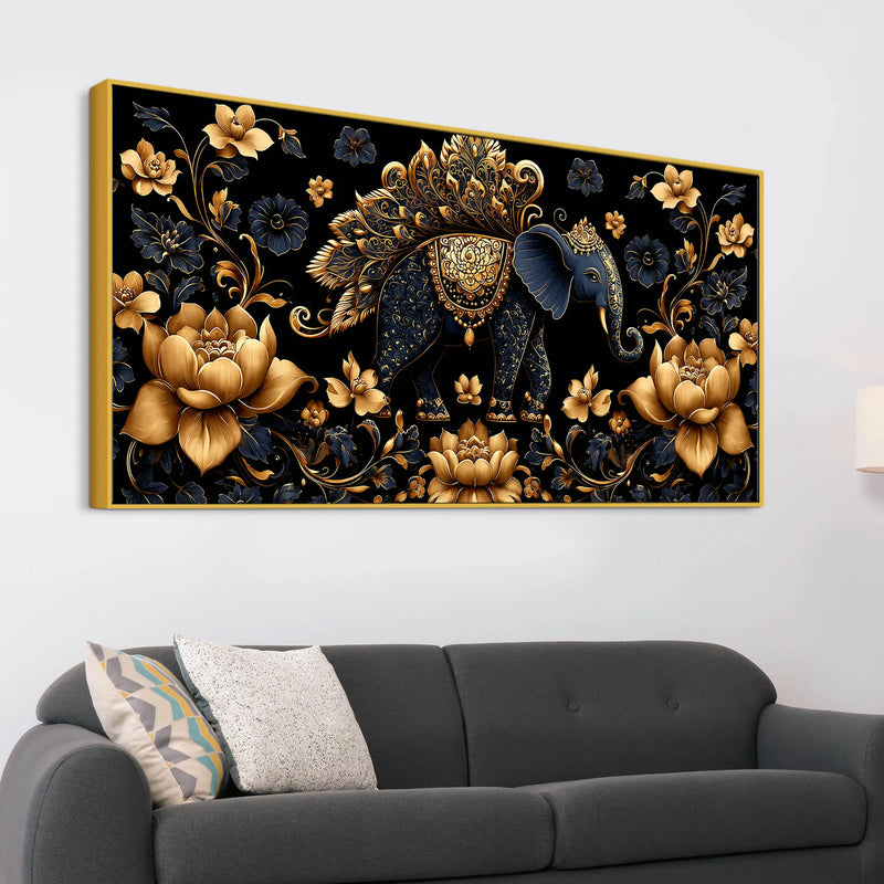 Royal Blue Elephant with Golden Lotus 3D Canvas Wall Painting