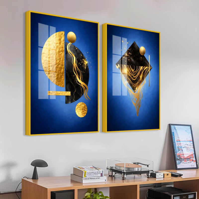 Royal Blue Geometric Abstract Acrylic Floating Wall Painting Set of 2