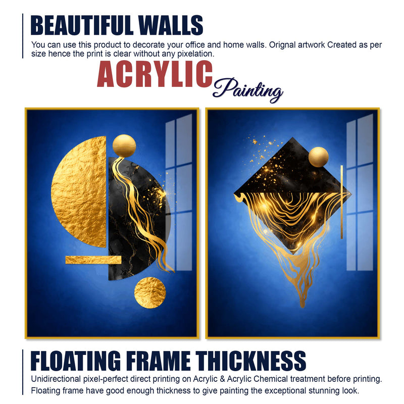 Royal Blue Geometric Abstract Acrylic Floating Wall Painting Set of 2