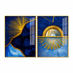 Royal Blue & Golden Sunburst Abstract Acrylic Floating Wall Painting Set of 2