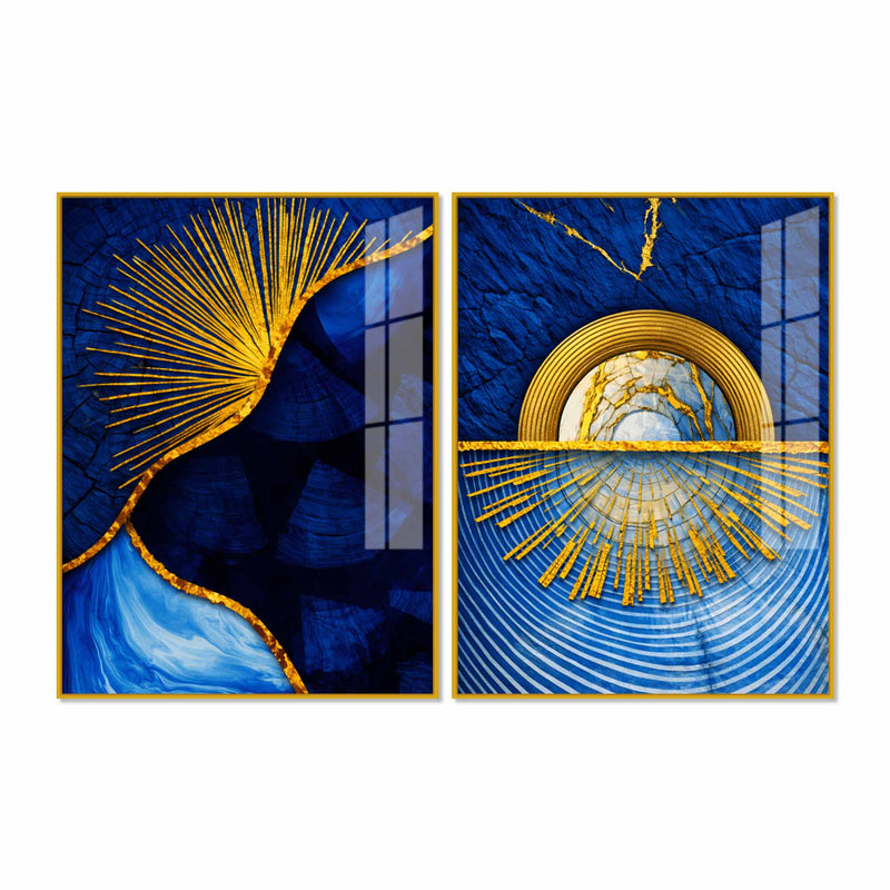 Royal Blue & Golden Sunburst Abstract Acrylic Floating Wall Painting Set of 2