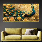 Royal Blue Peacock with Golden Bloom Garden 3D Canvas Wall Painting