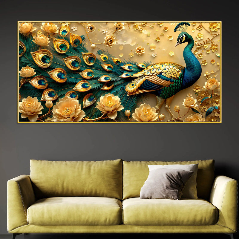 Royal Blue Peacock with Golden Bloom Garden 3D Canvas Wall Painting