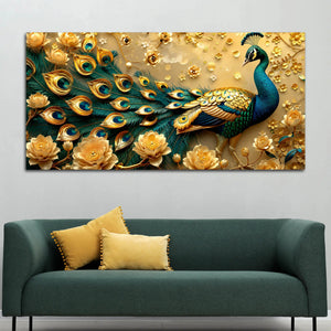 Royal Blue Peacock with Golden Bloom Garden 3D Canvas Wall Painting