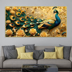 Royal Blue Peacock with Golden Bloom Garden 3D Canvas Wall Painting