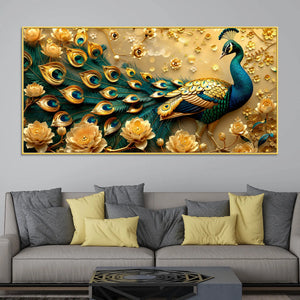 Royal Blue Peacock with Golden Bloom Garden 3D Canvas Wall Painting