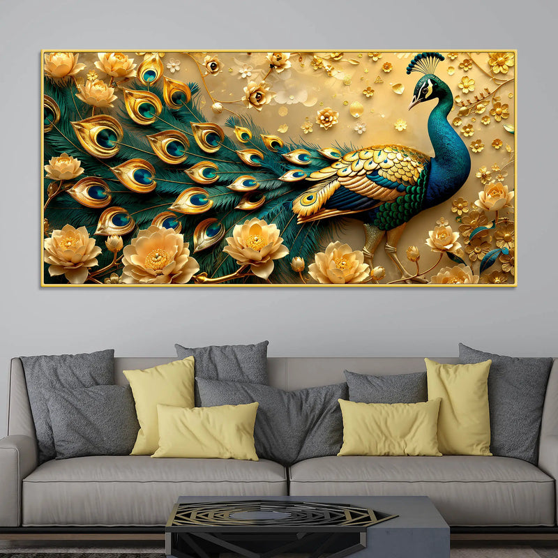 Royal Blue Peacock with Golden Bloom Garden 3D Canvas Wall Painting