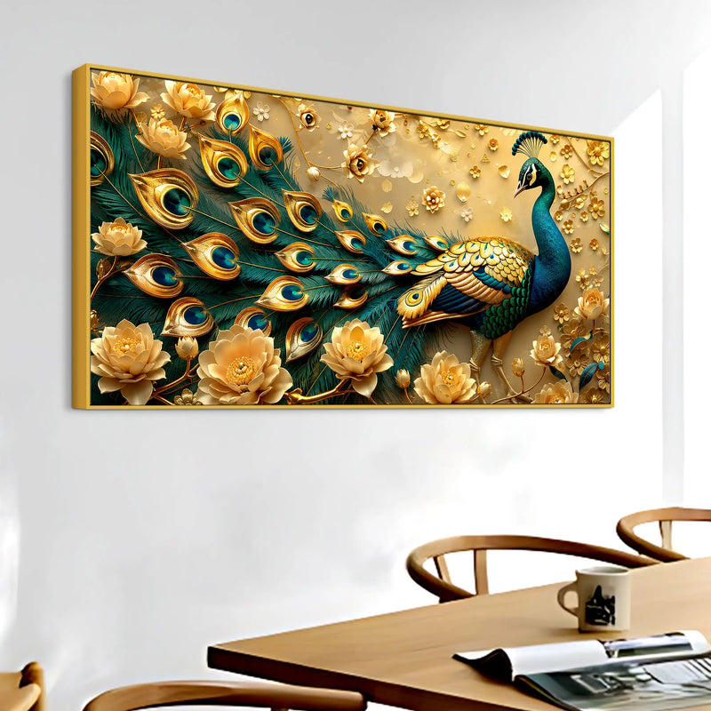 Royal Blue Peacock with Golden Bloom Garden 3D Canvas Wall Painting