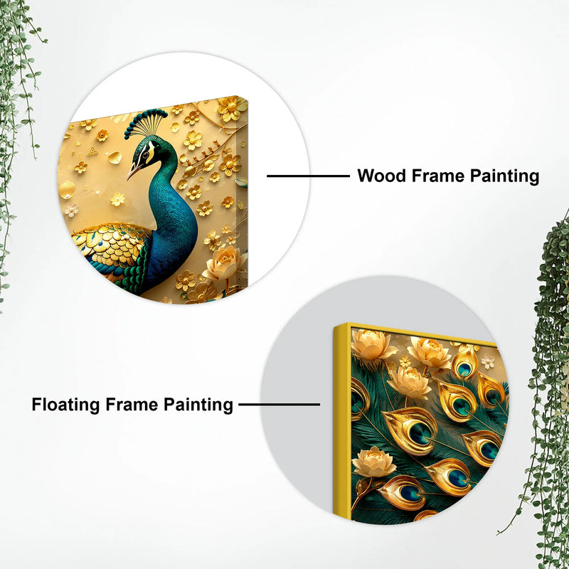 Royal Blue Peacock with Golden Bloom Garden 3D Canvas Wall Painting