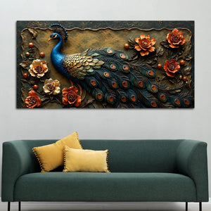Royal Blue Peacock with Rustic Floral Elegance 3D Canvas Wall Painting