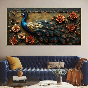 Royal Blue Peacock with Rustic Floral Elegance 3D Canvas Wall Painting