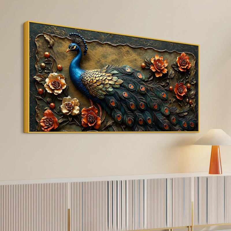 Royal Blue Peacock with Rustic Floral Elegance 3D Canvas Wall Painting