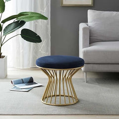 Royal Blue Velvet Pouffe with Glamorous Gold Detailing
