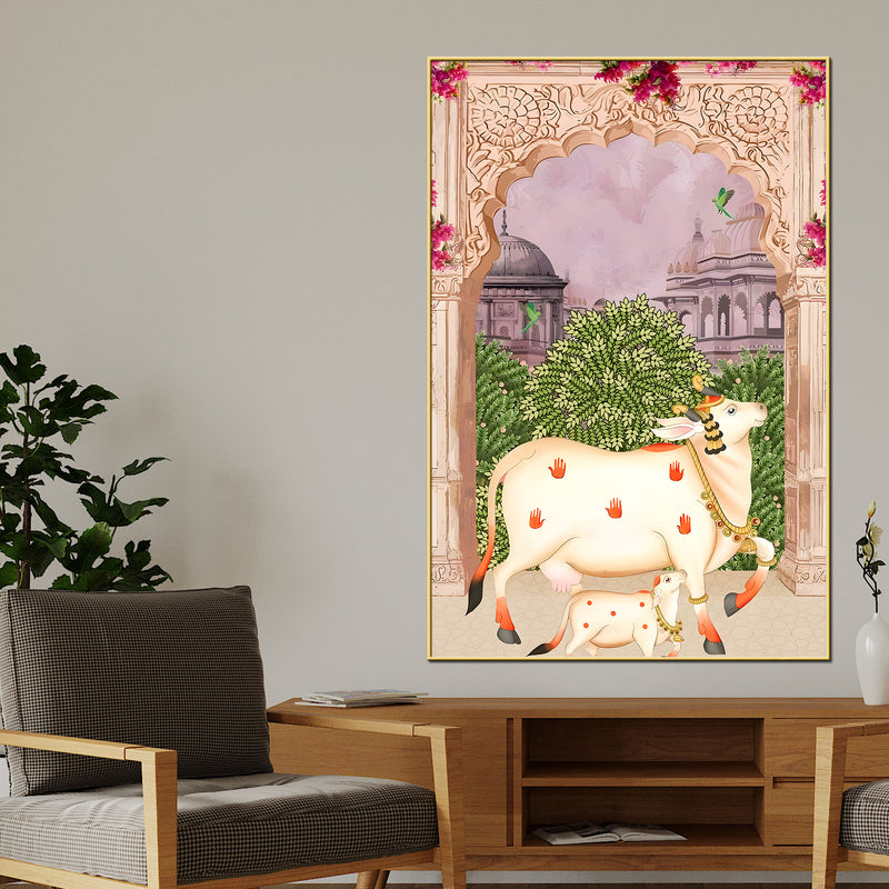Royal Cow and Calf Pichwai Style Canvas Wall Painting