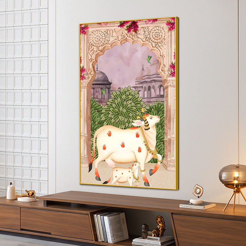 Royal Cow and Calf Pichwai Style Canvas Wall Painting