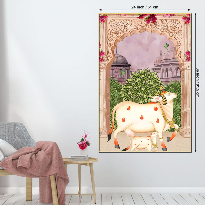Royal Cow and Calf Pichwai Style Canvas Wall Painting