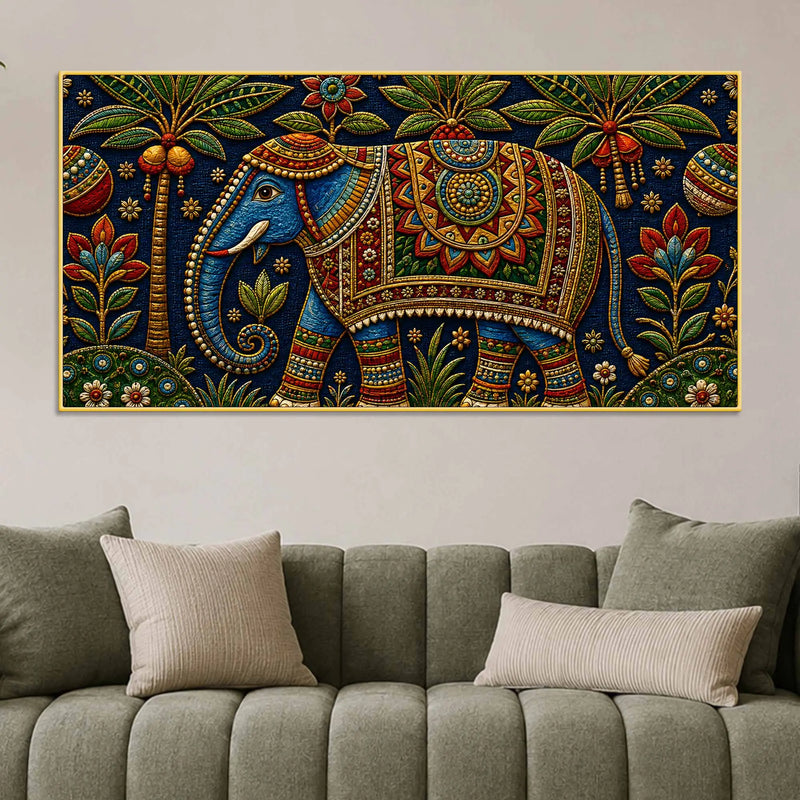 Royal Decorated Elephant Embroidery Tanjore Style 3D Canvas Wall Painting