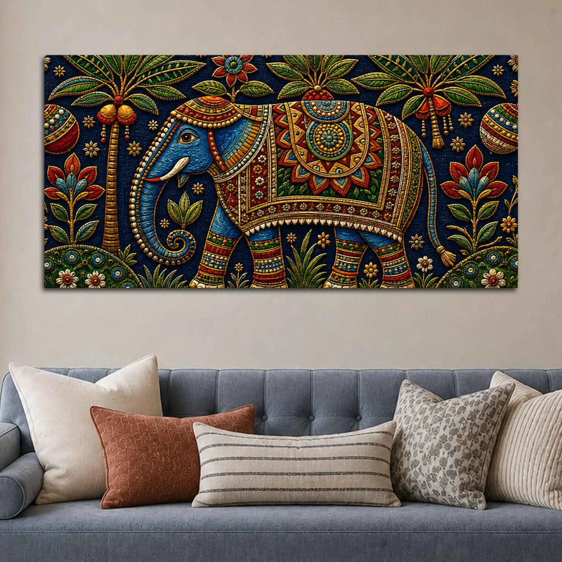 Royal Decorated Elephant Embroidery Tanjore Style 3D Canvas Wall Painting