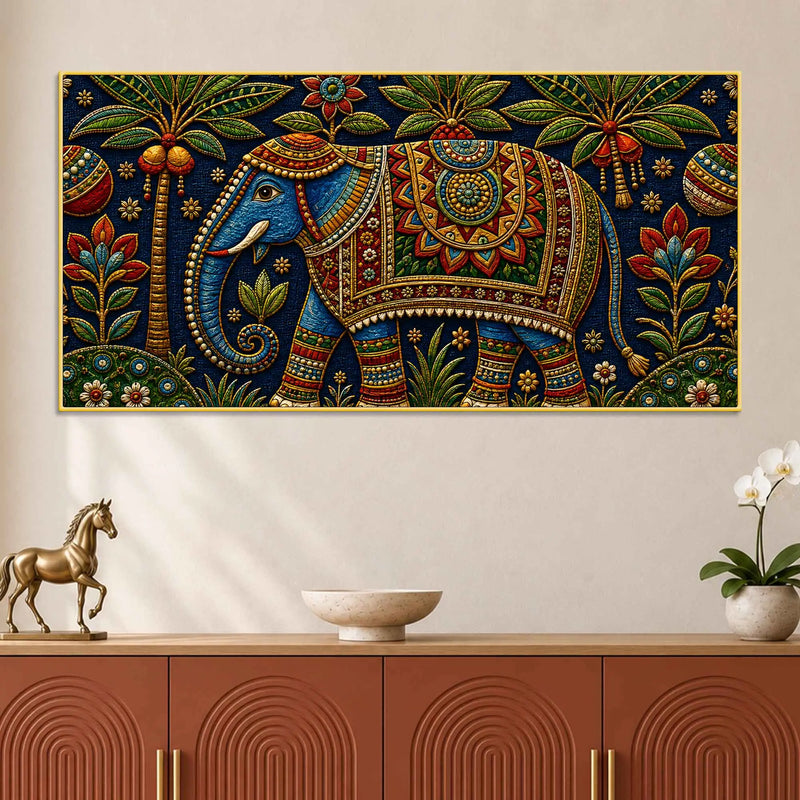 Royal Decorated Elephant Embroidery Tanjore Style 3D Canvas Wall Painting