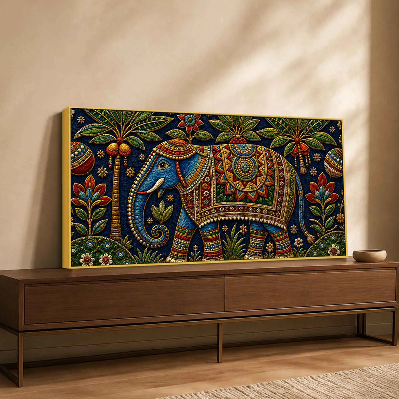 Royal Decorated Elephant Embroidery Tanjore Style 3D Canvas Wall Painting