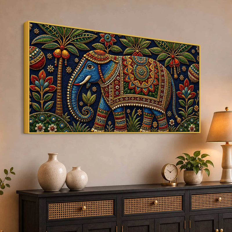 Royal Decorated Elephant Embroidery Tanjore Style 3D Canvas Wall Painting