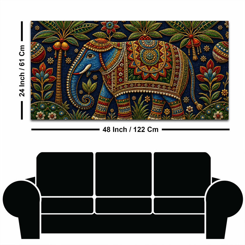 Royal Decorated Elephant Embroidery Tanjore Style 3D Canvas Wall Painting