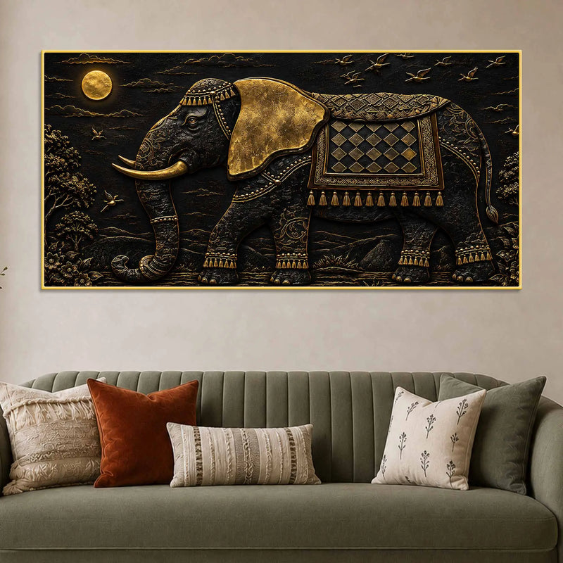 Royal Decorated Elephant Under Golden Moon Metallic Look 3D Canvas Wall Painting