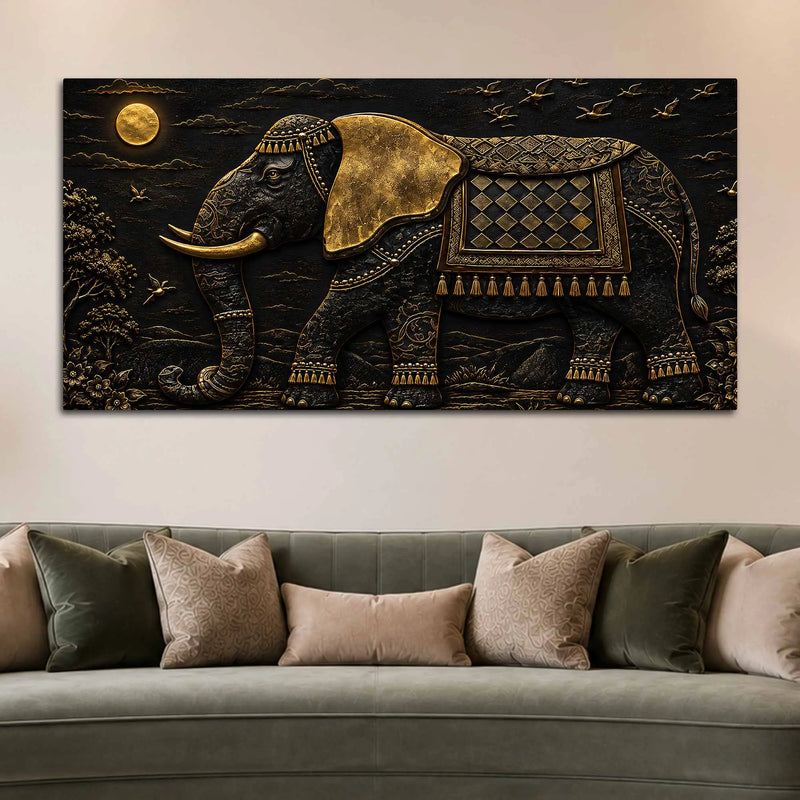 Royal Decorated Elephant Under Golden Moon Metallic Look 3D Canvas Wall Painting