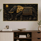 Royal Decorated Elephant Under Golden Moon Metallic Look 3D Canvas Wall Painting