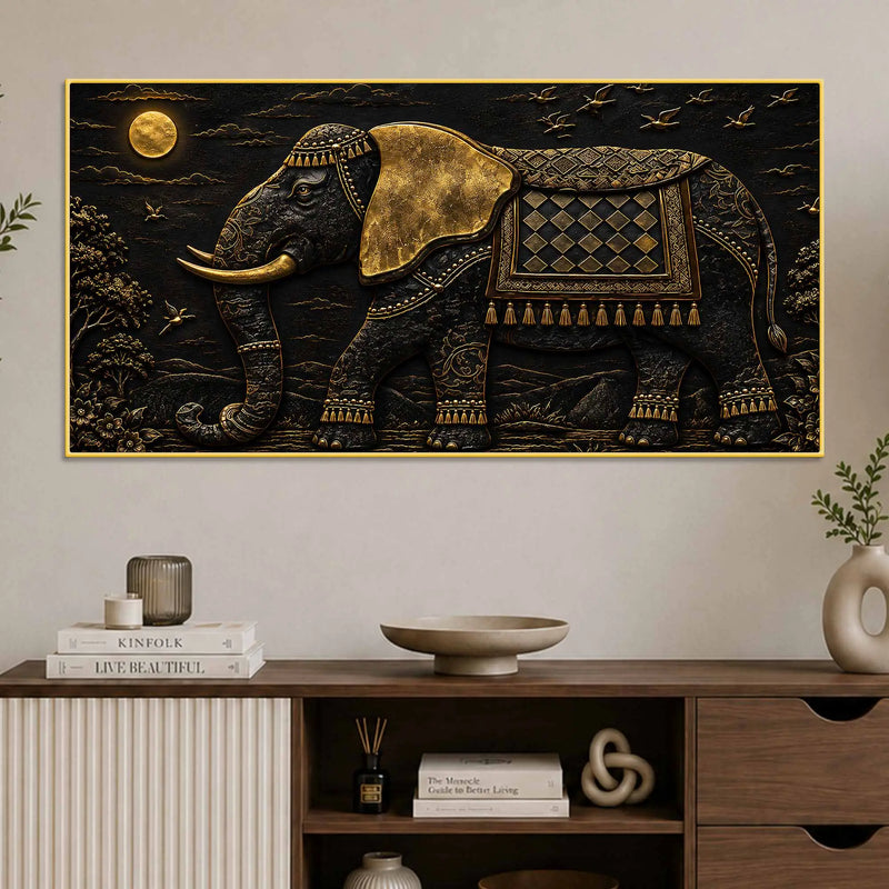Royal Decorated Elephant Under Golden Moon Metallic Look 3D Canvas Wall Painting