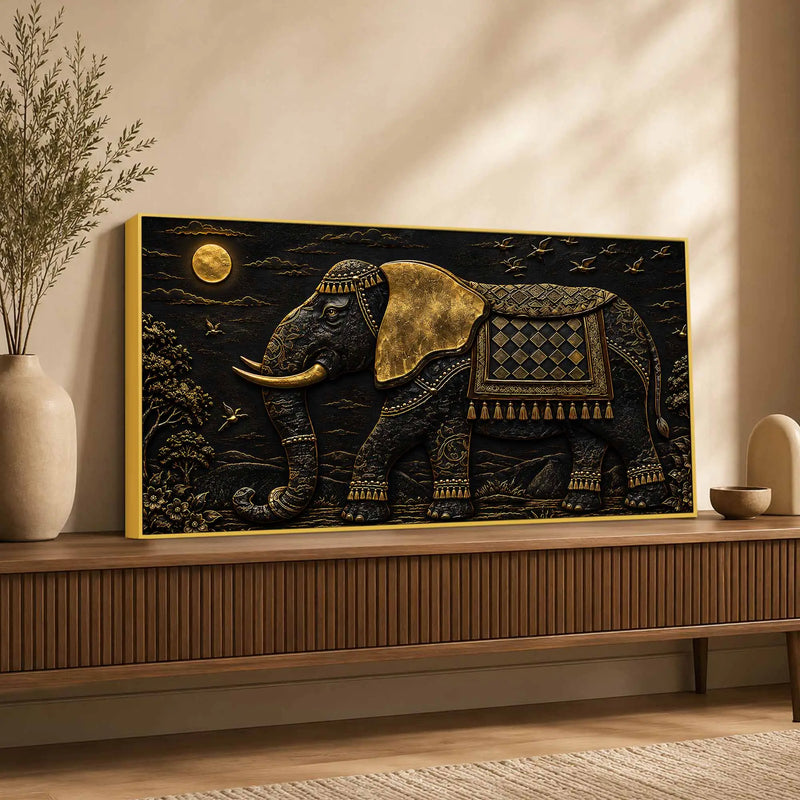 Royal Decorated Elephant Under Golden Moon Metallic Look 3D Canvas Wall Painting