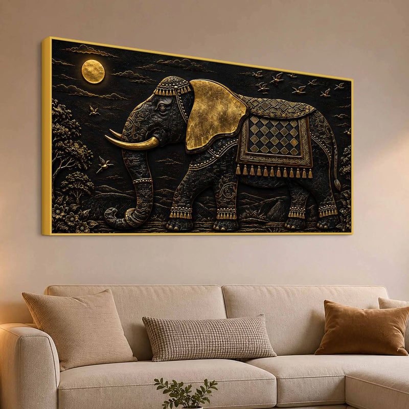 Royal Decorated Elephant Under Golden Moon Metallic Look 3D Canvas Wall Painting