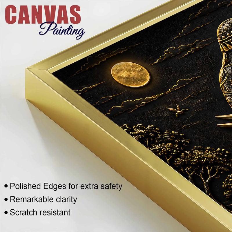 Royal Decorated Elephant Under Golden Moon Metallic Look 3D Canvas Wall Painting