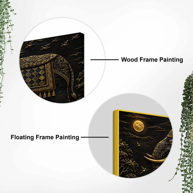 Royal Decorated Elephant Under Golden Moon Metallic Look 3D Canvas Wall Painting