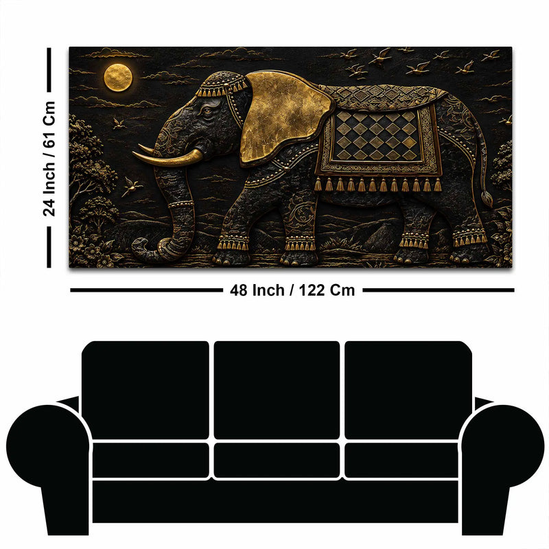Royal Decorated Elephant Under Golden Moon Metallic Look 3D Canvas Wall Painting