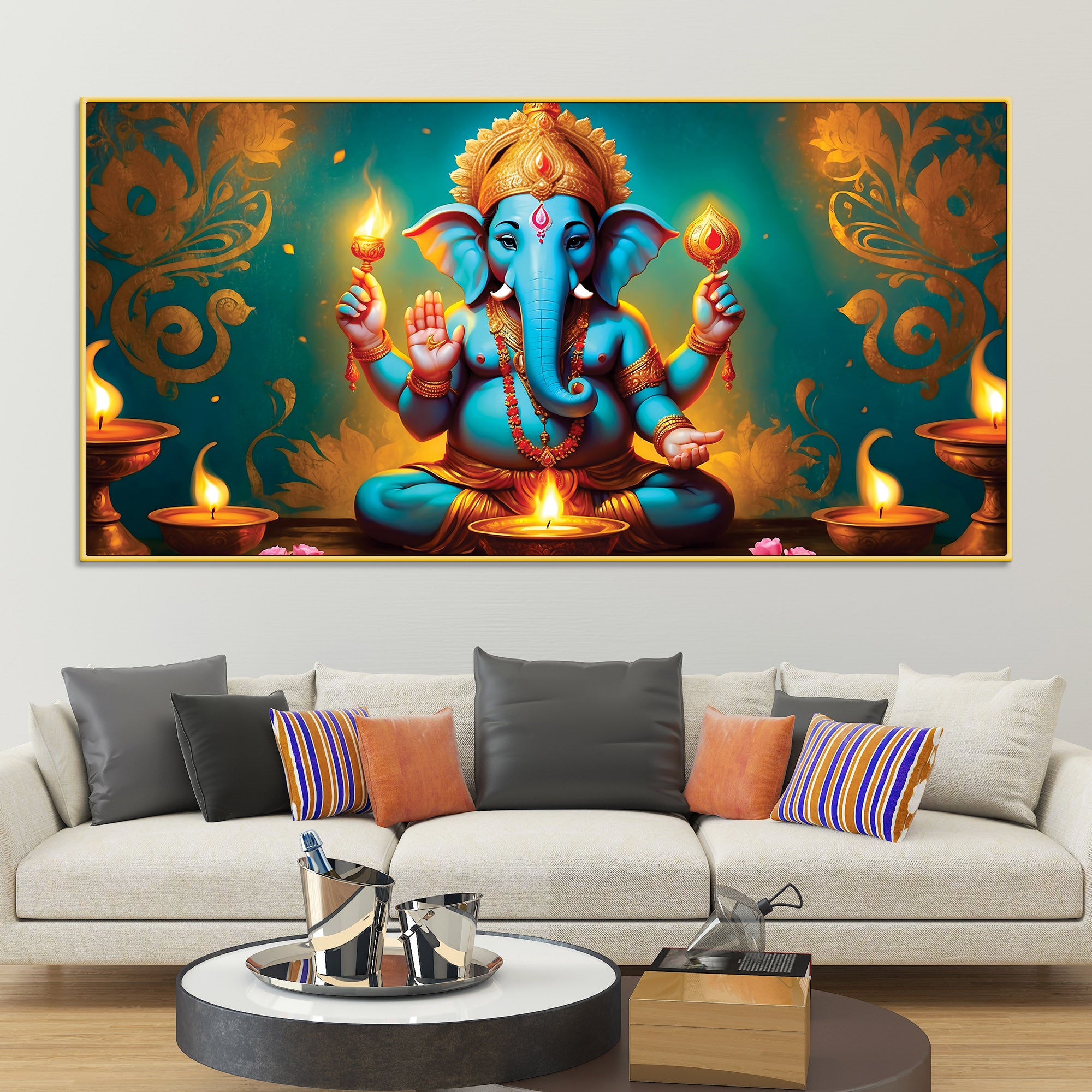 Royal Divine Blue Lord Ganesha Sitted with Golden Lamps Devotional Canvas Wall Painting for Home & Office Decor – Modern Spiritual Wall Art
