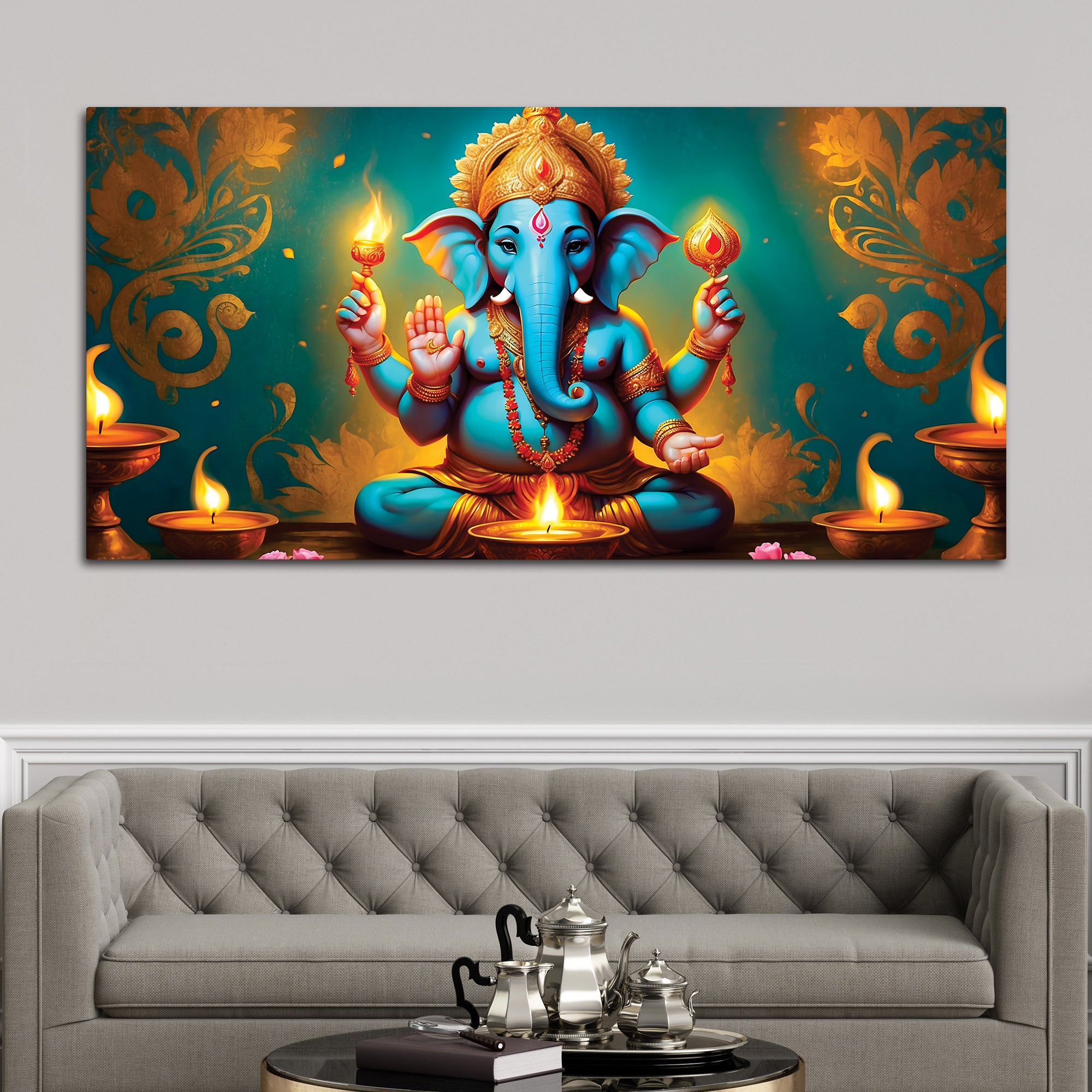 Royal Divine Blue Lord Ganesha Sitted with Golden Lamps Devotional Canvas Wall Painting for Home & Office Decor – Modern Spiritual Wall Art