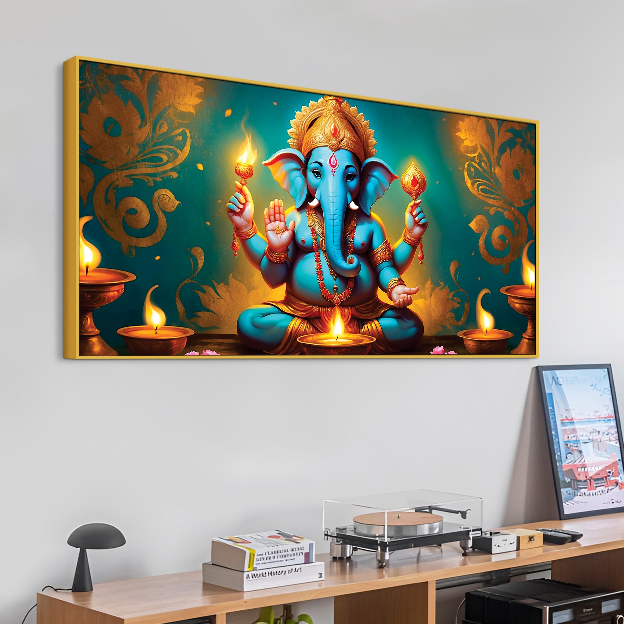 Royal Divine Blue Lord Ganesha Sitted with Golden Lamps Devotional Canvas Wall Painting for Home & Office Decor – Modern Spiritual Wall Art
