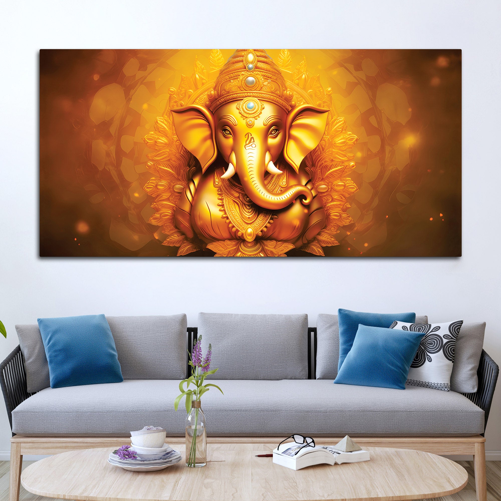 Royal Divine Golden Lord Ganesha Elegant Canvas Wall Painting for Home & Office Decor – Modern Devotional Wall Art