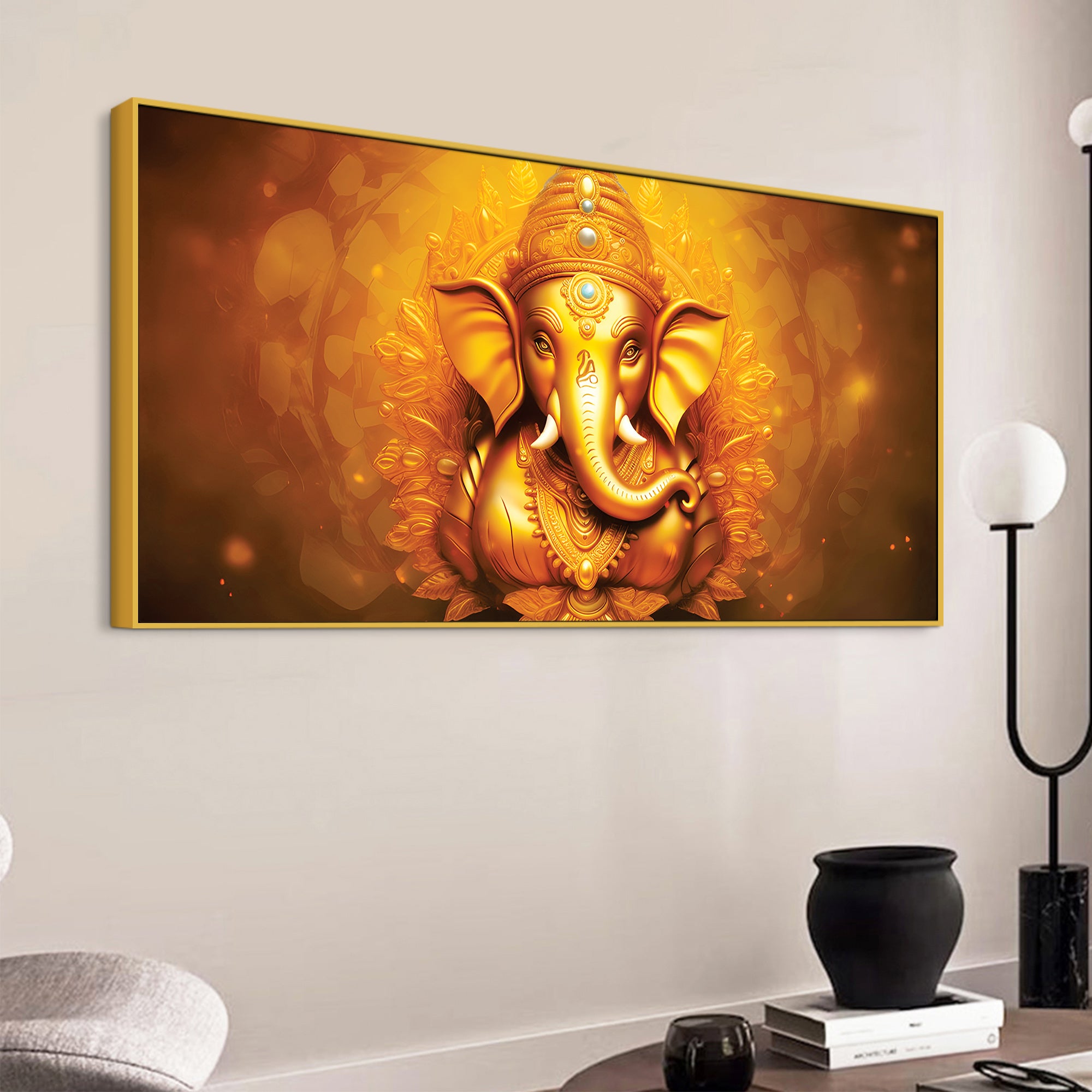 Royal Divine Golden Lord Ganesha Elegant Canvas Wall Painting for Home & Office Decor – Modern Devotional Wall Art