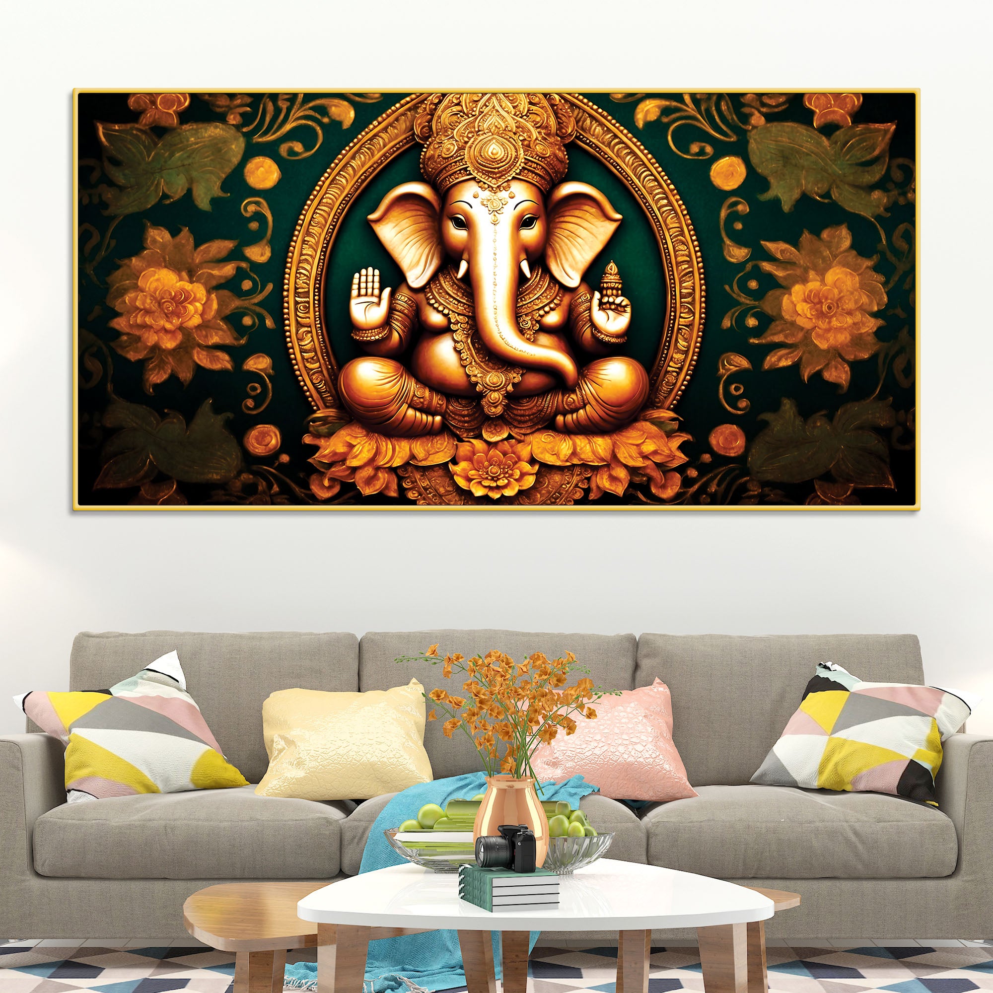 Royal Divine Lord Shri Ganesha with Beautiful Flowers Spiritual Canvas Wall Painting for Home & Office Decor – Modern Devotional Wall Art