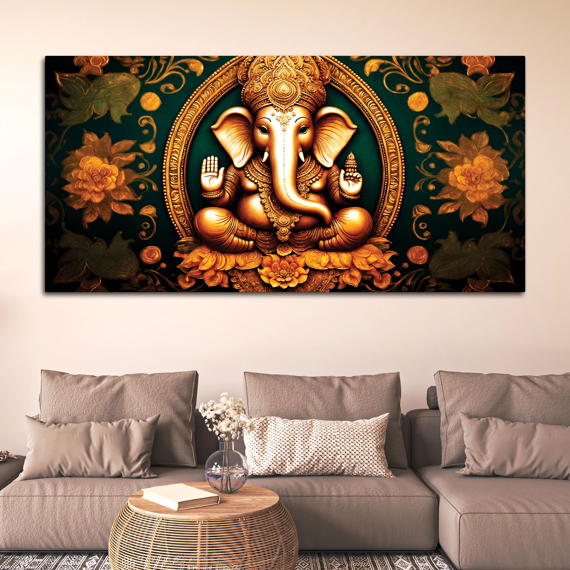 Royal Divine Lord Shri Ganesha with Beautiful Flowers Spiritual Canvas Wall Painting for Home & Office Decor – Modern Devotional Wall Art